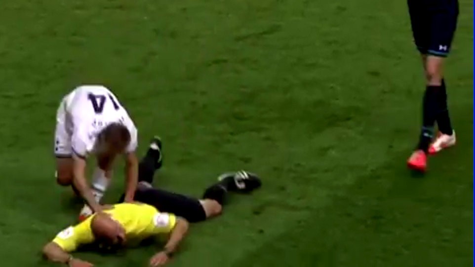 Rozhodca Howard Webb na zemi